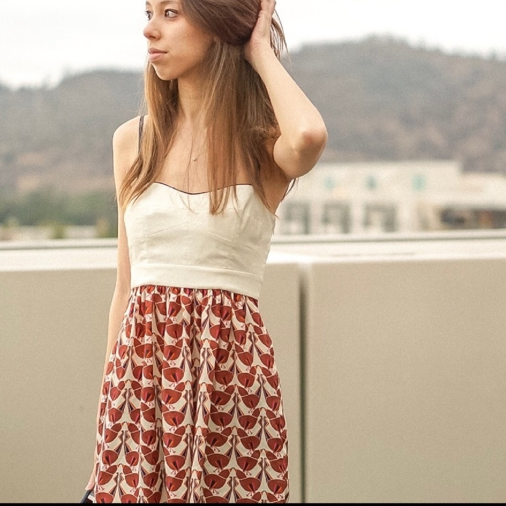 Fossil Cream & Rust Red Patterned Cute Bird Mini Dress - Indie Sleaze 🌊🦜